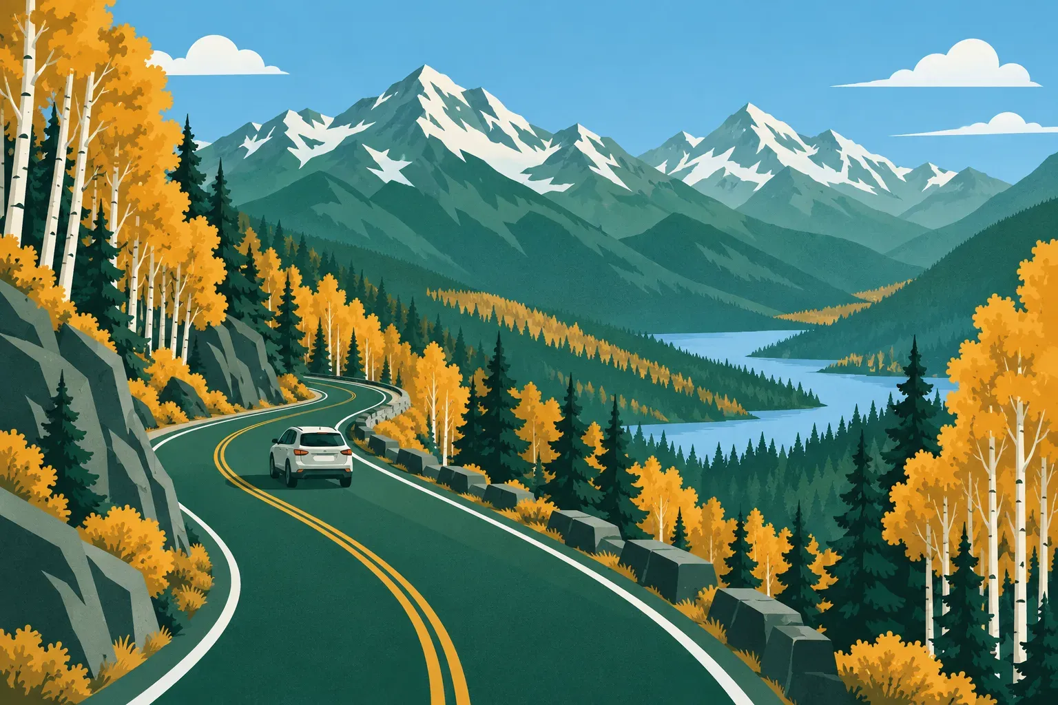 A mountain road through the Rocky Mountains with aspen trees, a typical landscape of Colorado