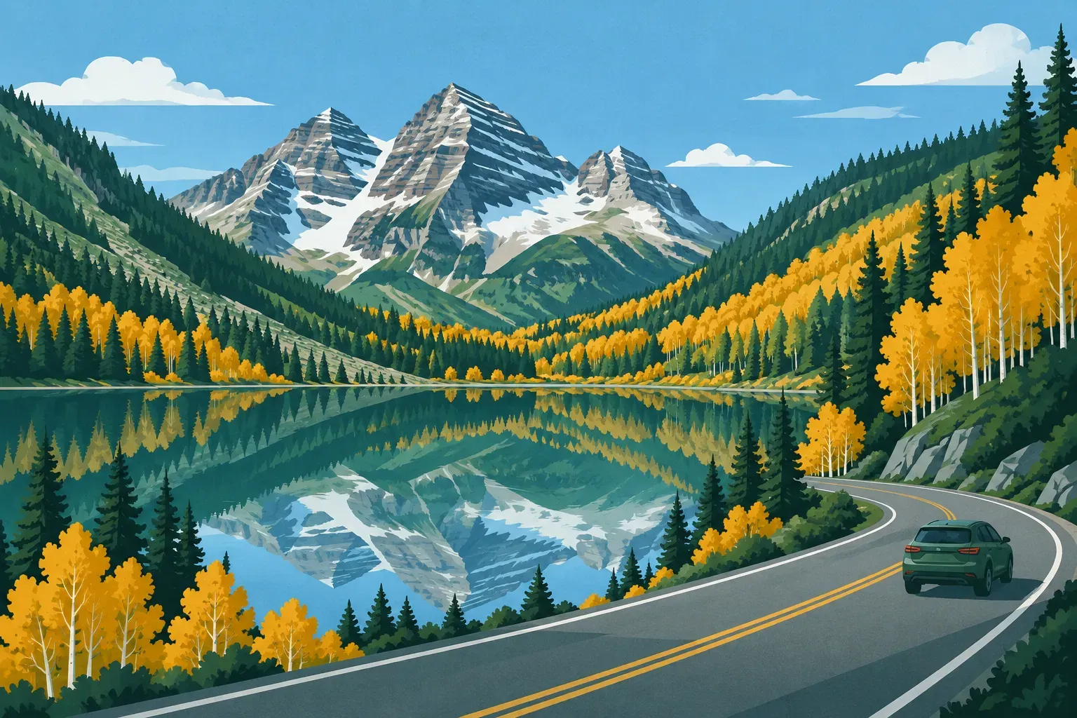 The Maroon Bells twin peaks reflected in an alpine lake with golden aspens, in Colorado